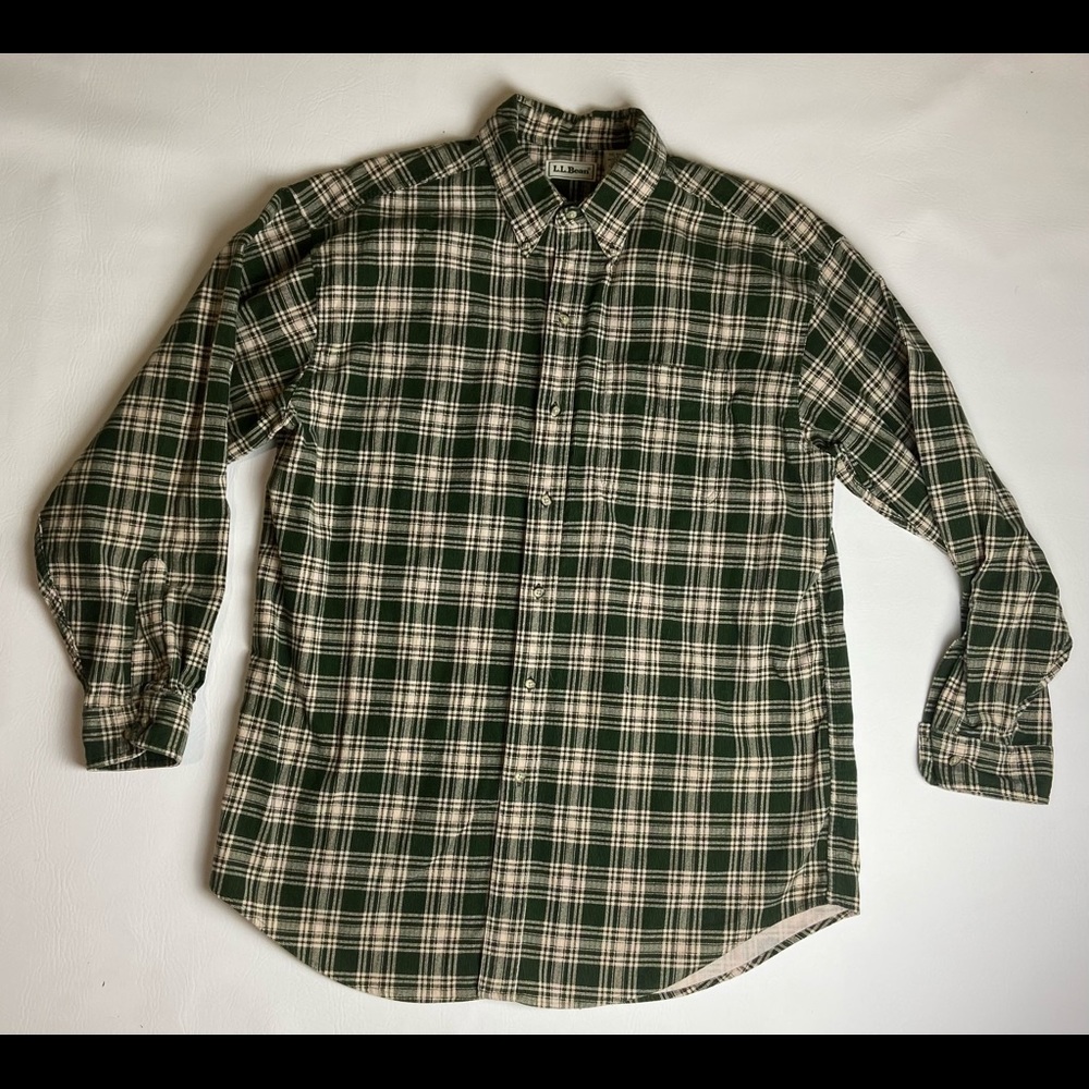 LL Bean Green Plaid Flannel Over Shirt Large